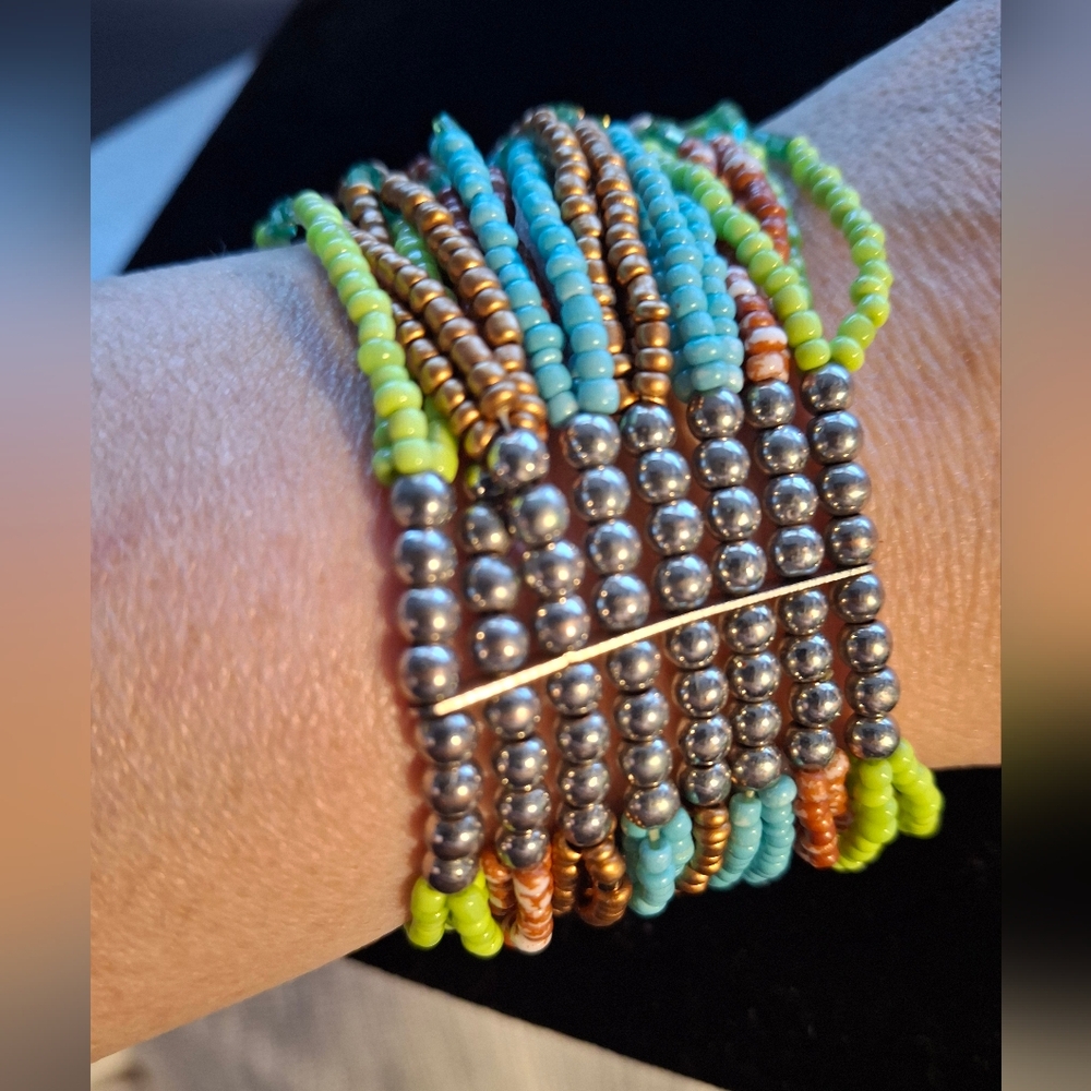 Multicolor Beaded Wrap Bracelet Green Turquoise Brown Silver Accent